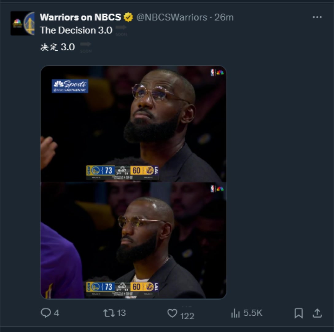 真會來事啊湖人大比分落后勇士NBC官推曬詹姆斯照片調(diào)侃決定3.0
